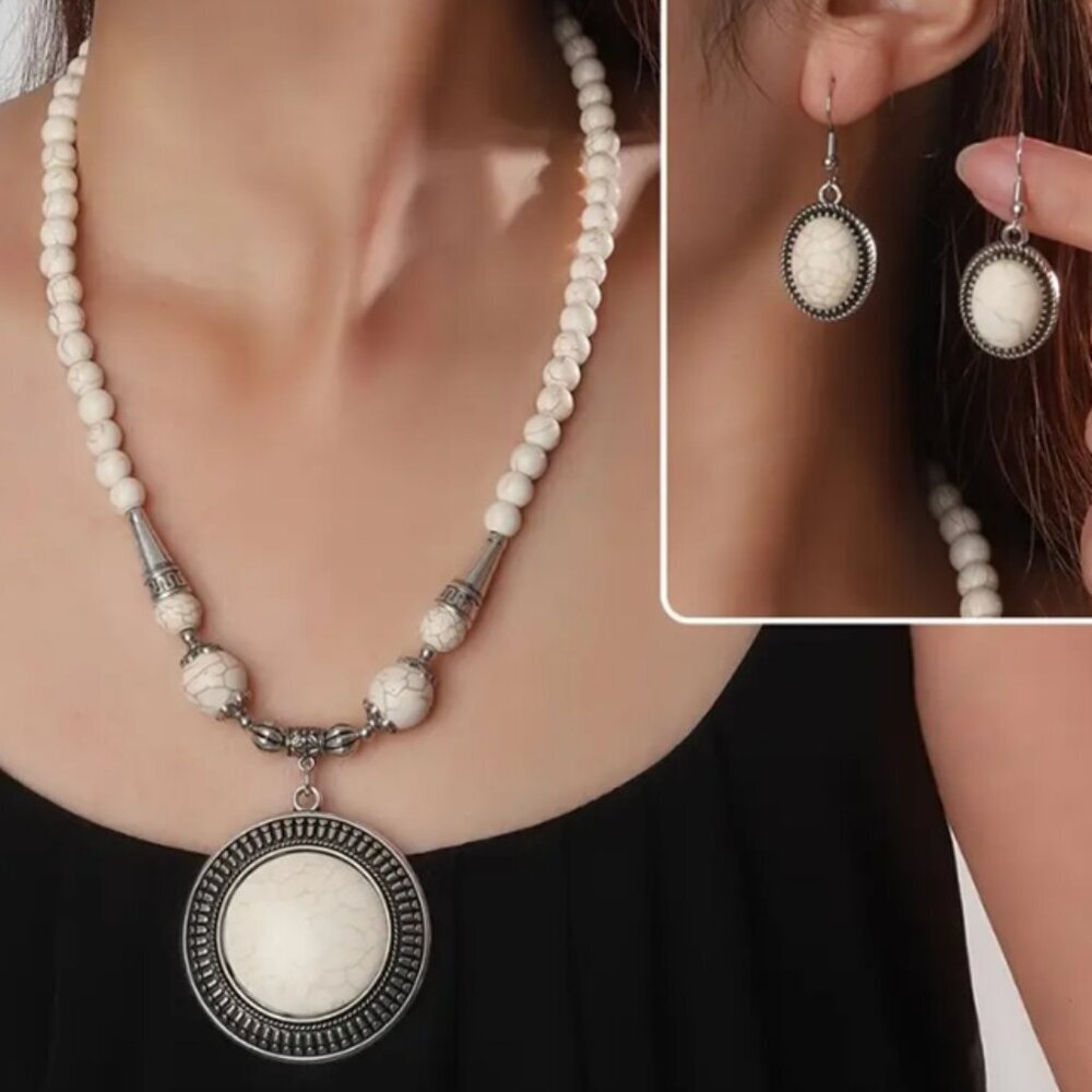 Bohemian Necklace & Earring Set Synthetic White Turquoise & Silver Electro-Plate
